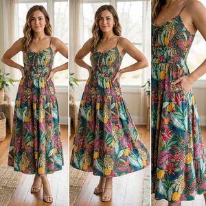 Gibson Latimer Vivid Tropical Floral Green Tiered Maxi Dress SZ Large